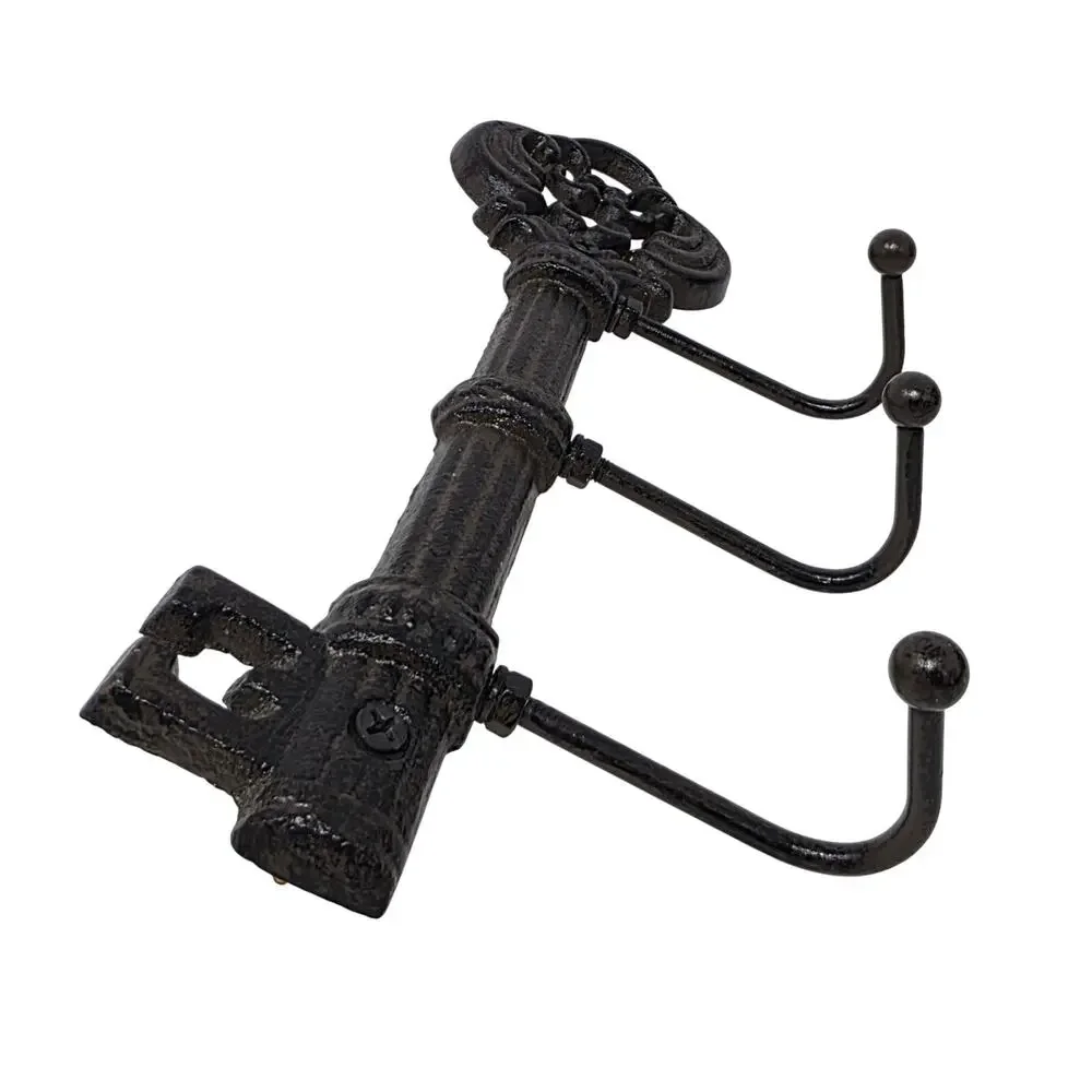 Cast Iron Skeleton Key Wall Hook Rack 3 Hooks Rustic Entryway Decor